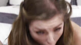 Beautiful brunette slurping and licking big fat cock