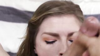 Beautiful brunette slurping and licking big fat cock