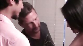 Beautiful slim teen works on two fat cocks in threesome