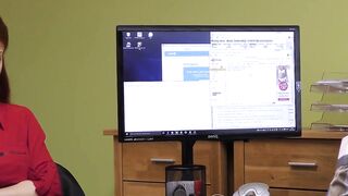 Redhaired babe shows off big tits before office hammering
