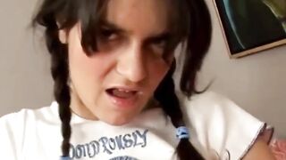 Barely legal babe exposes her shaved pussy and masturbates
