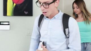 Lucky nerd gets blown by a hot busty chick classmate
