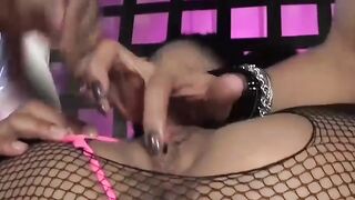 Two sexy horny trannies share one sluts wet and tight pussy