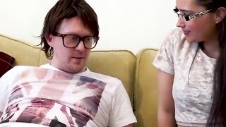 Naughty Pixxie Little gives a hot blowjob to nerdy friend
