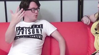 Curvy teen babe Lucy Lane blows big cock glasses nerd POV