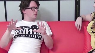 Curvy teen babe Lucy Lane blows big cock glasses nerd POV