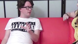 Curvy teen babe Lucy Lane blows big cock glasses nerd POV