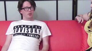 Curvy teen babe Lucy Lane blows big cock glasses nerd POV