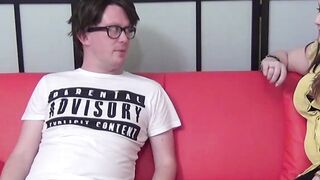 Curvy teen babe Lucy Lane blows big cock glasses nerd POV