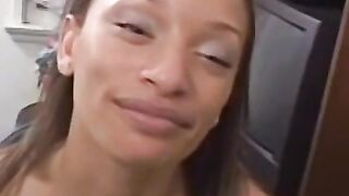 Interracial POV blowjob and facial with pretty Ebony chick