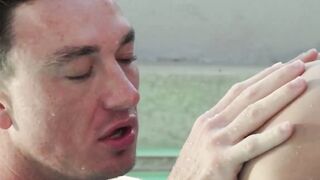 Sexy Zac Snow drilled hardcore bareback by the pool after BJ