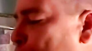 Hung bald amateur cums in mature mans mouth after blowjob