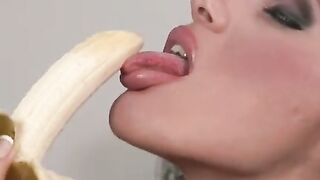 Natural tits Euro cutie Giovani sucks banana and rubs pussy