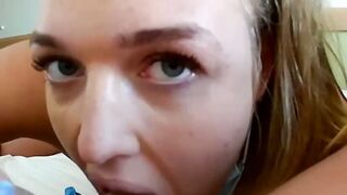 Brunette licks balls before POV cowgirl fuck