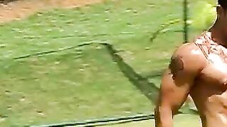 Kinky Brazilian jock masturbates on football field solo