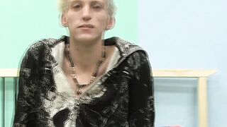 Skinny teenager Ian jerks off his big cock after interview