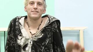 Skinny teenager Ian jerks off his big cock after interview