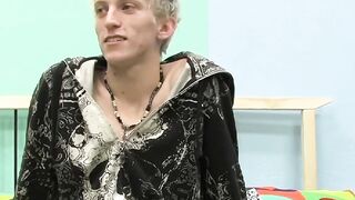 Skinny teenager Ian jerks off his big cock after interview