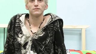 Skinny teenager Ian jerks off his big cock after interview