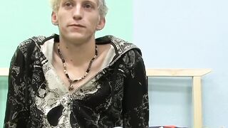 Skinny teenager Ian jerks off his big cock after interview