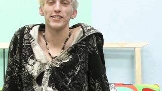 Skinny teenager Ian jerks off his big cock after interview