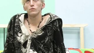 Skinny teenager Ian jerks off his big cock after interview