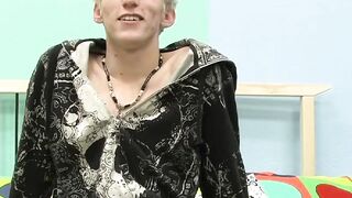 Skinny teenager Ian jerks off his big cock after interview