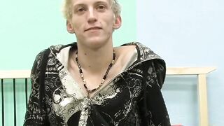 Skinny teenager Ian jerks off his big cock after interview