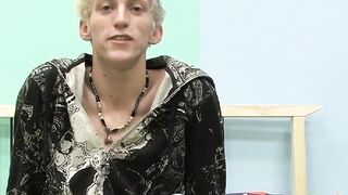 Skinny teenager Ian jerks off his big cock after interview