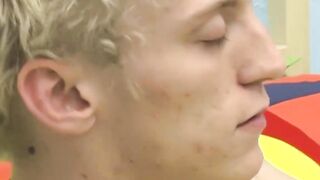 Skinny teenager Ian jerks off his big cock after interview
