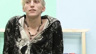 Skinny teenager Ian jerks off his big cock after interview