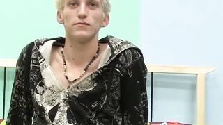 Skinny teenager Ian jerks off his big cock after interview