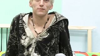 Skinny teenager Ian jerks off his big cock after interview