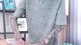 Blond homo got his bare dick stroked hard by tattooed twink