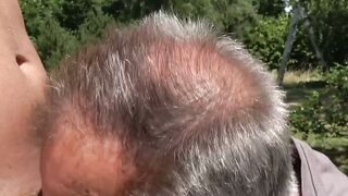 Old gay man lets his mouth be filled with a young cock