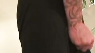 Old tattooed gay masturbates his thick cock in intense solo