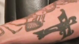 Old tattooed gay masturbates his thick cock in intense solo