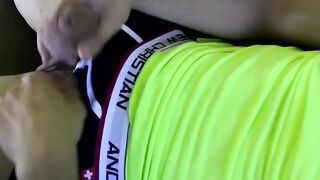 Handsome twink Jimmy Roman rubs big dick over underwear