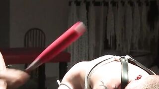 Bondage muscle hunk spanked hard in dark BDSM dungeon