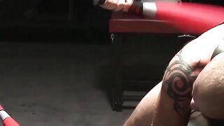 Bondage muscle hunk spanked hard in dark BDSM dungeon