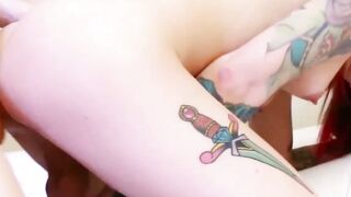 Inked TS pornstar Chelsea Marie ass drilled and cum sprayed