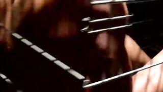 Blindfolded muscle slave dominated and teased in cage