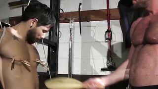 Inked hunk hardcore BDSM nipple torment in dark basement