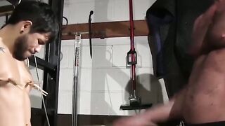 Inked hunk hardcore BDSM nipple torment in dark basement