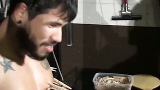 Inked hunk hardcore BDSM nipple torment in dark basement