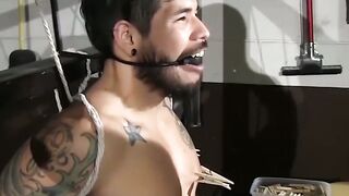 Inked hunk hardcore BDSM nipple torment in dark basement