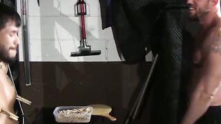 Inked hunk hardcore BDSM nipple torment in dark basement