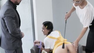 Asian schoolgirl Phoebe Kalib roughly rammed in a threeway fucking session with hotti