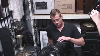 Kinky jock ass drilled by latex guy in pawnshop after hot BJ