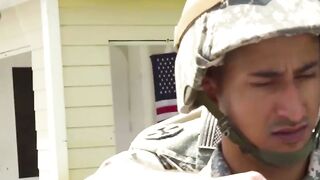 Army studs swap blowjobs before outdoor interracial foursome